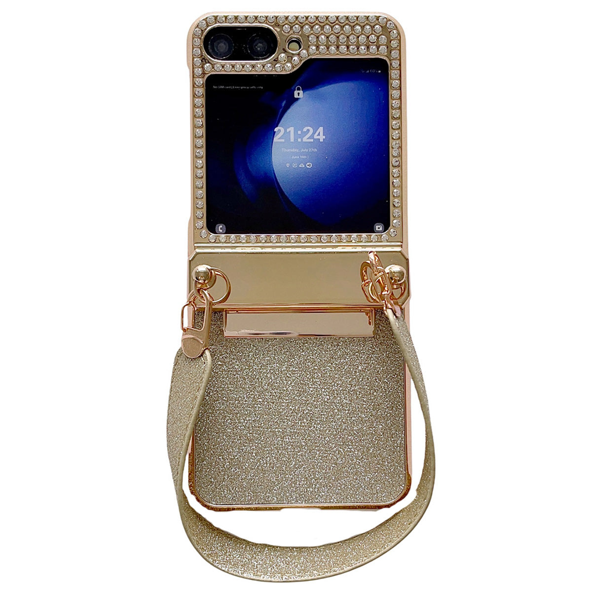 For Samsung Galaxy Z Flip5 5G / Z Flip6 5G Case Hinge Protection Hard PC Glitter Phone Cover with Wrist Strap - Gold / Rhinestone Decor For Samsung Galaxy Z Flip5 5G / Z Flip6 5G Case Hinge Protection Hard PC Glitter Phone Cover with Wrist Strap - Gold / Rhinestone Decor